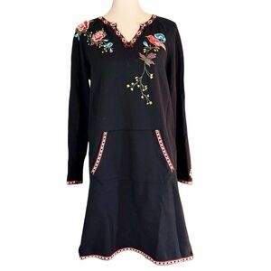 Driftwood Embroidered Black Tunic Dress Size M Cotton Floral Birds Pullover
